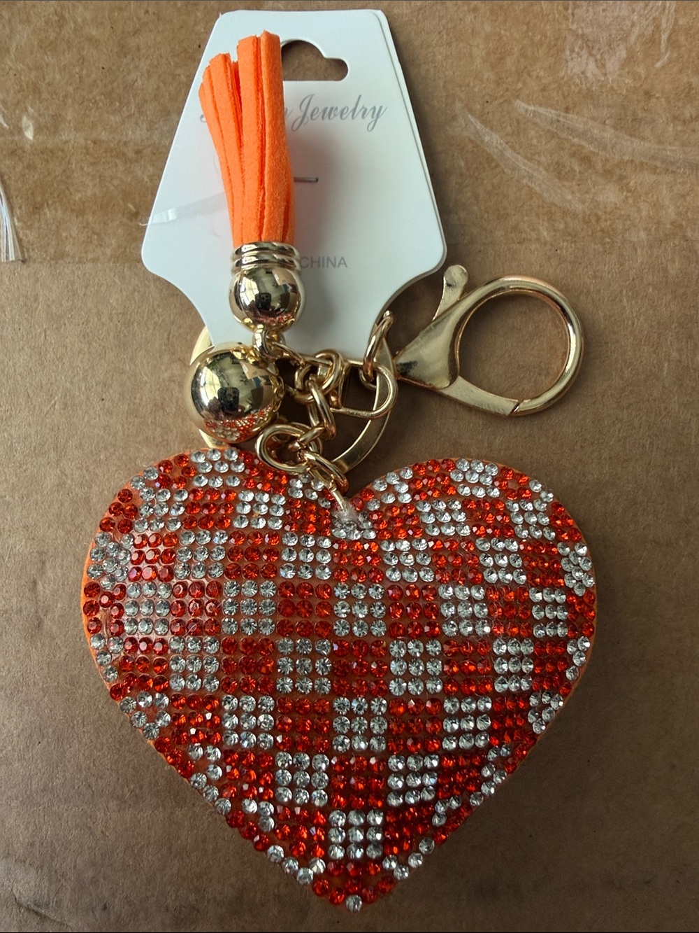 Orange Crystal Heart Keychain with Tassel NWT